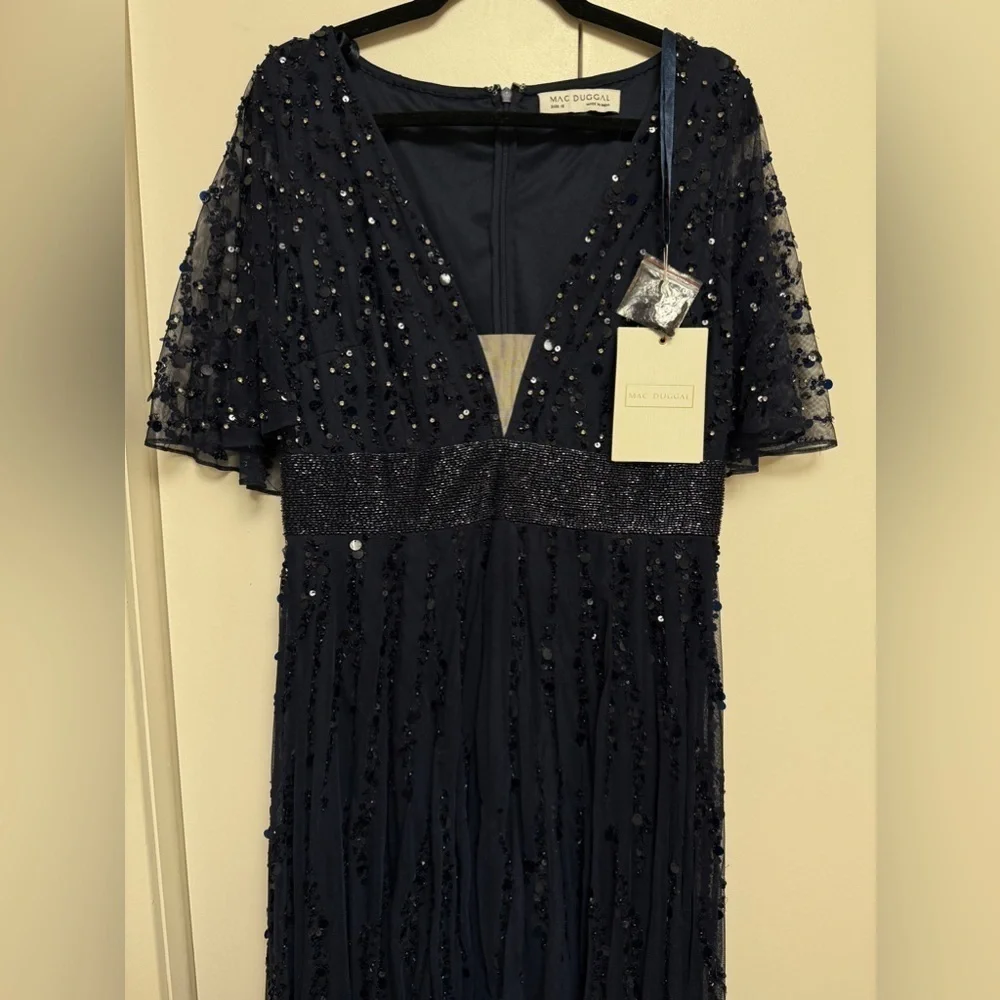 NWT | Mac Duggal Blue 93784 Midnight Blue Maxi Gown Flutter Sleeves Size 10 - Picture 5 of 15